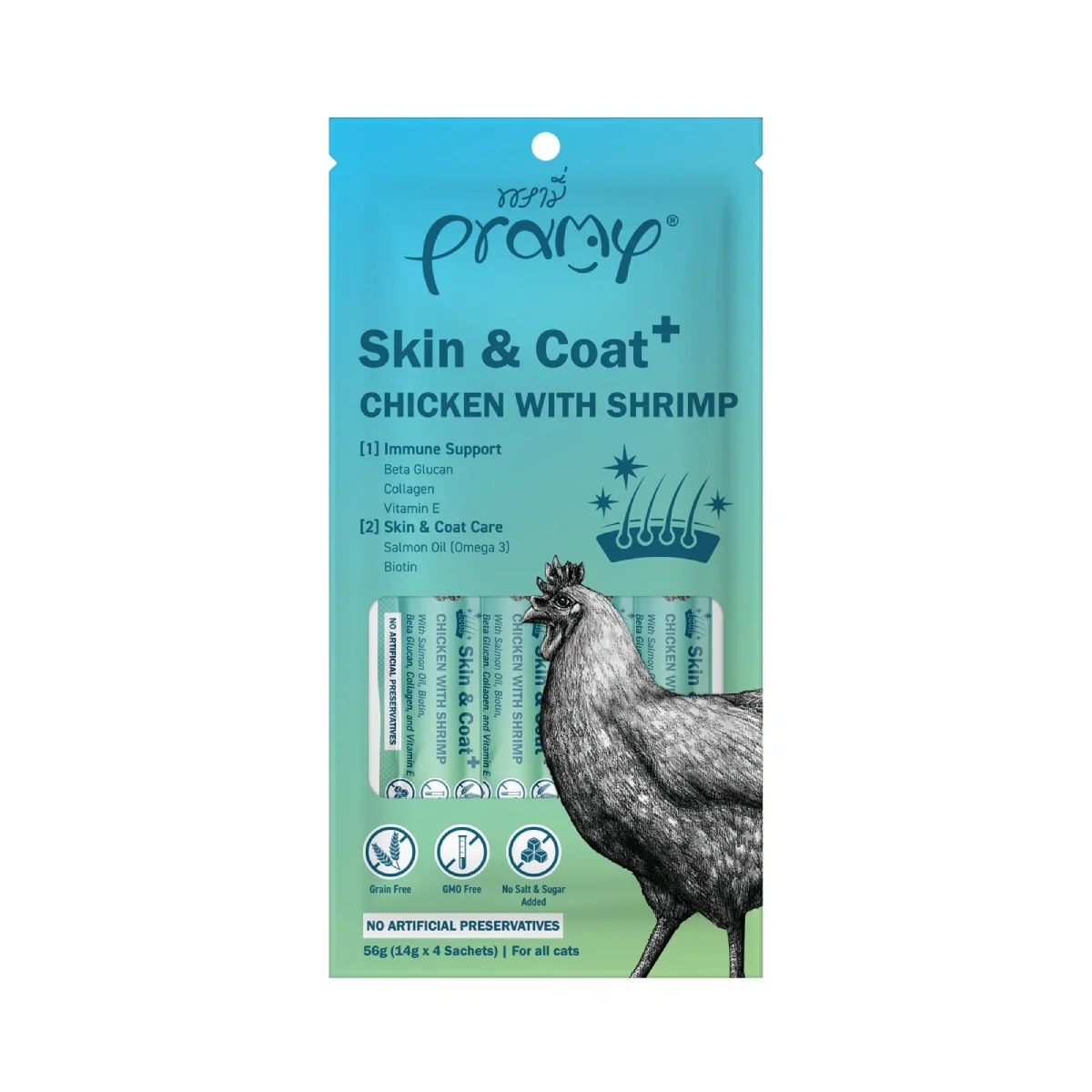Pramy Cat Treat Skin & Coat Chicken with Shrimp 14g x 4