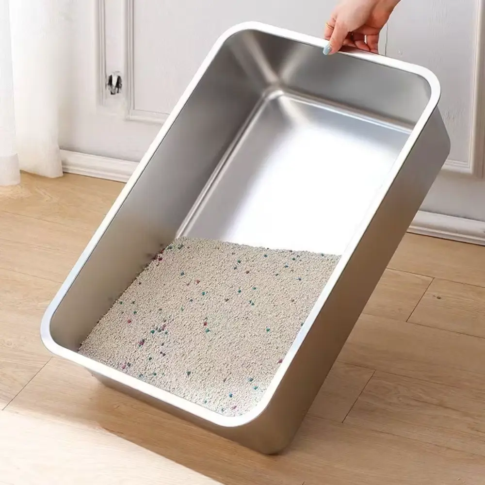 Odor Resistant Stainless Steel Cat Litter Tray L Multi Cat Homes Silvery