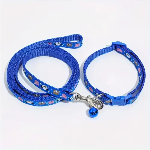 Cartoon Print Dog Collar Bell & Leash Royal Blue