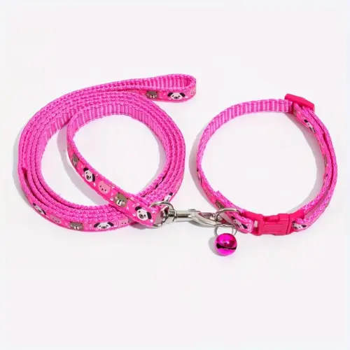 Cartoon Print Dog Collar Bell & Leash Rose Red