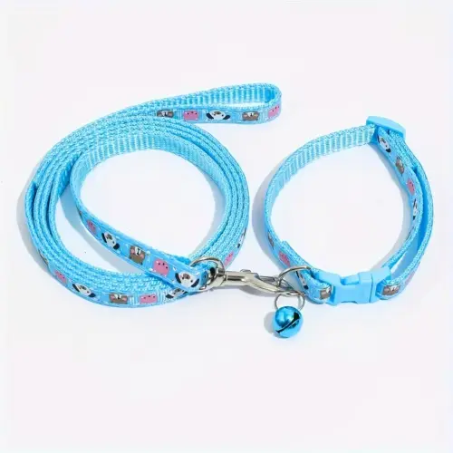Cartoon Print Dog Collar Bell & Leash Sky Blu